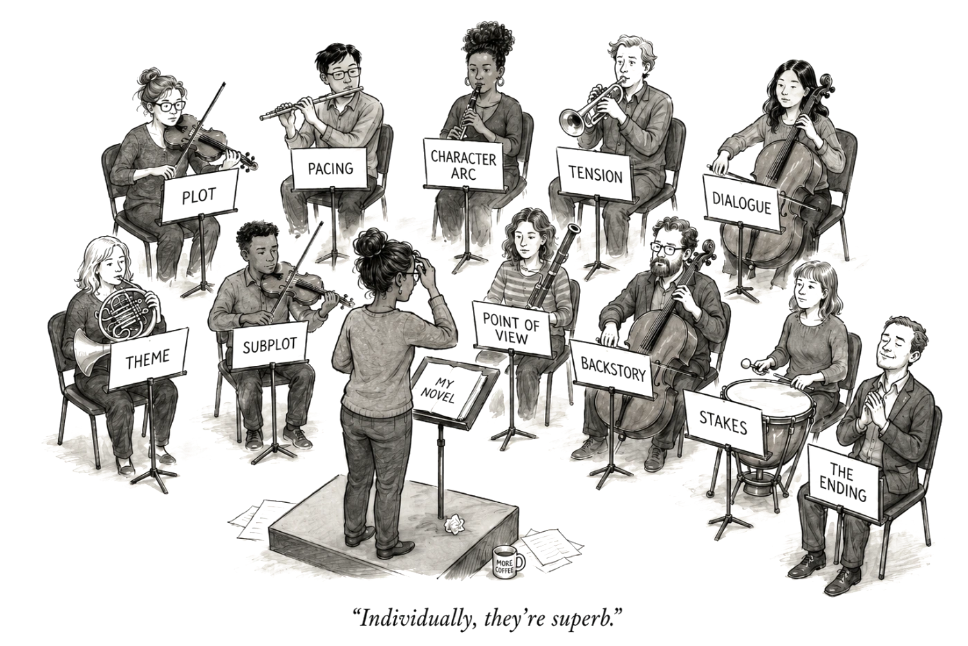 Orchestra of novel elements — plot, pacing, character arc, tension, dialogue, theme, subplot, point of view, backstory, stakes, and the ending