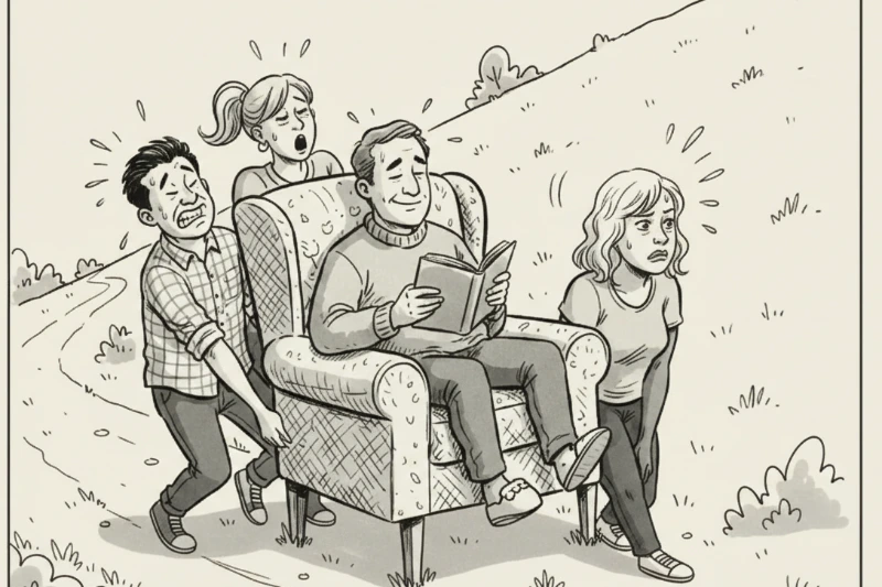 Pen-and-ink cartoon of three people straining to push and pull an armchair uphill while the man lounging in it reads a book and does nothing