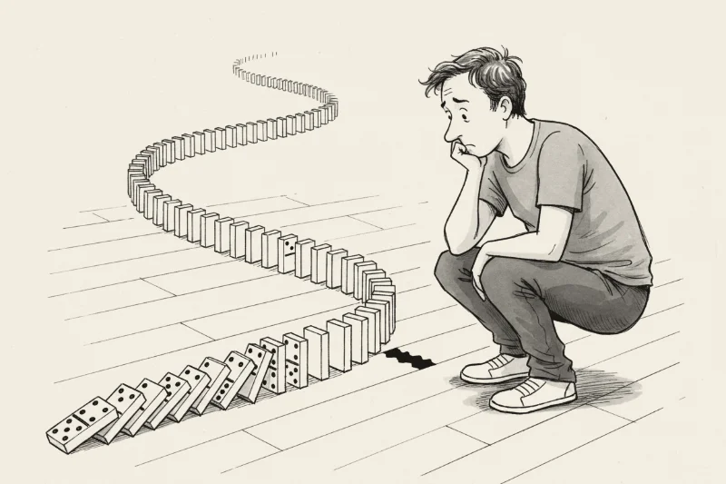 Pen-and-ink cartoon of a curving line of dominoes where the first stretch has toppled, then a gap, then the rest still standing, with a person crouched staring at the gap
