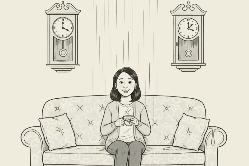 Pen-and-ink cartoon of a woman sitting alone on a sofa with a cup of tea, cheerfully ignoring two clocks showing different times and rain falling indoors
