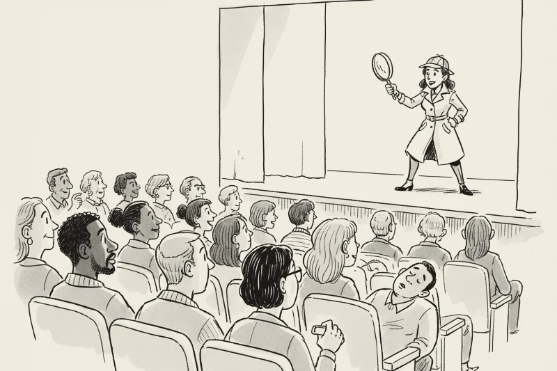 Pen-and-ink cartoon of a mixed theatre audience watching a woman performer on a lit stage in a trench coat and deerstalker holding a magnifying glass, with one audience member asleep