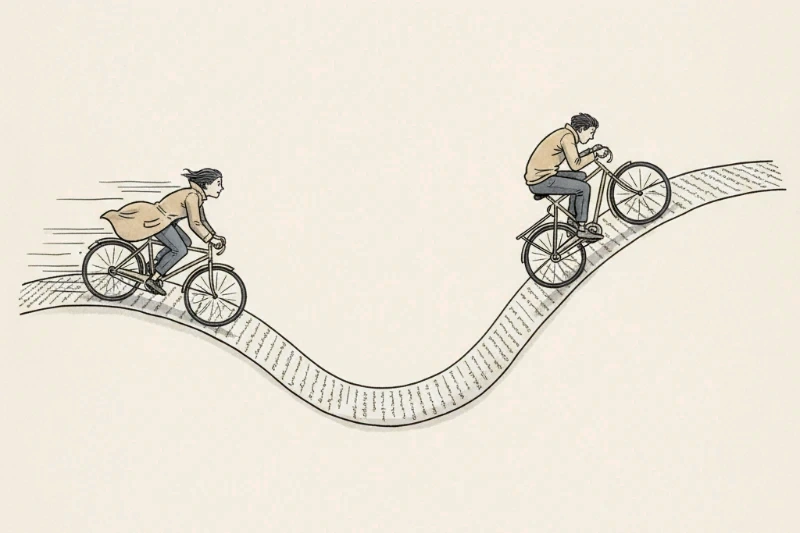 Pen-and-ink cartoon of a long ribbon of manuscript pages running like a road that dips and then climbs, with one cyclist freewheeling fast down into the dip and another standing on the pedals grinding slowly up the rise