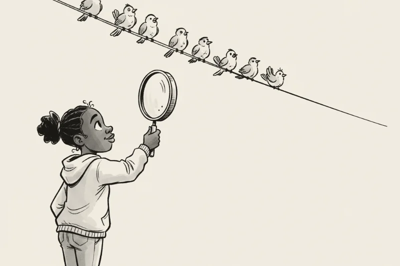Pen-and-ink cartoon of a girl in a hoodie looking up through a magnifying glass at birds perched along a wire, thinning out to nothing