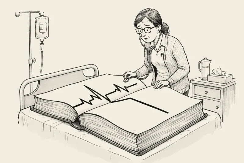 Pen-and-ink cartoon of a nurse with a stethoscope leaning over a giant open book tucked up in a hospital bed, a heartbeat trace rising from its pages and flattening out