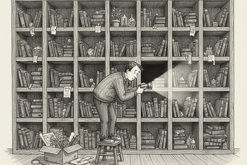 Pen-and-ink cartoon of a person on a stool shining a torch into one of several conspicuously empty pigeonholes in a huge wall of crammed pigeonholes