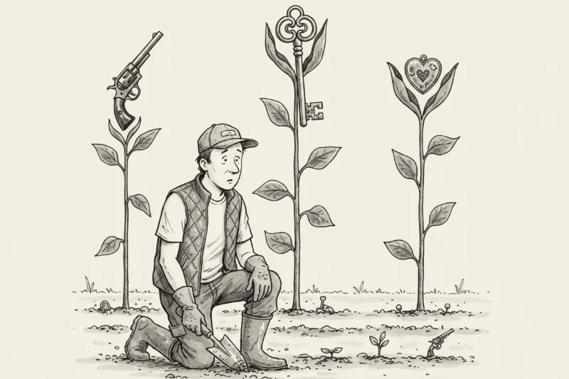 Pen-and-ink cartoon of a gardener kneeling in a row of plants whose blooms have opened into a revolver, a key and a heart-shaped locket