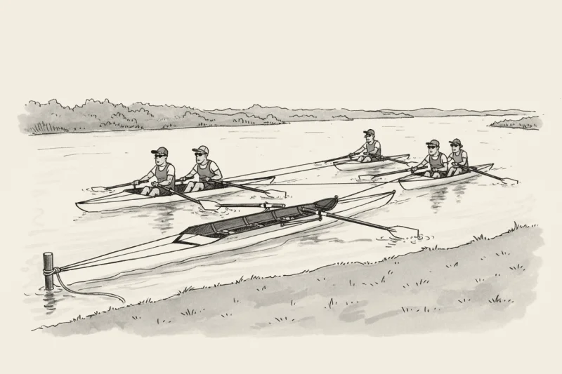 Pen-and-ink cartoon of a large empty rowing boat towing two smaller boats of rowers in sports kit