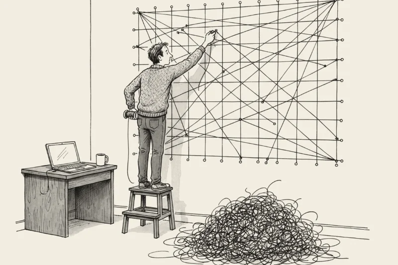 Pen-and-ink cartoon of a person on a stool pinning yet another string across a wall grid of pinned threads, with a huge tangle of string on the floor