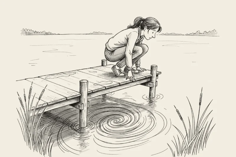 Pen-and-ink cartoon of a woman crouched on a jetty looking at currents moving beneath still water
