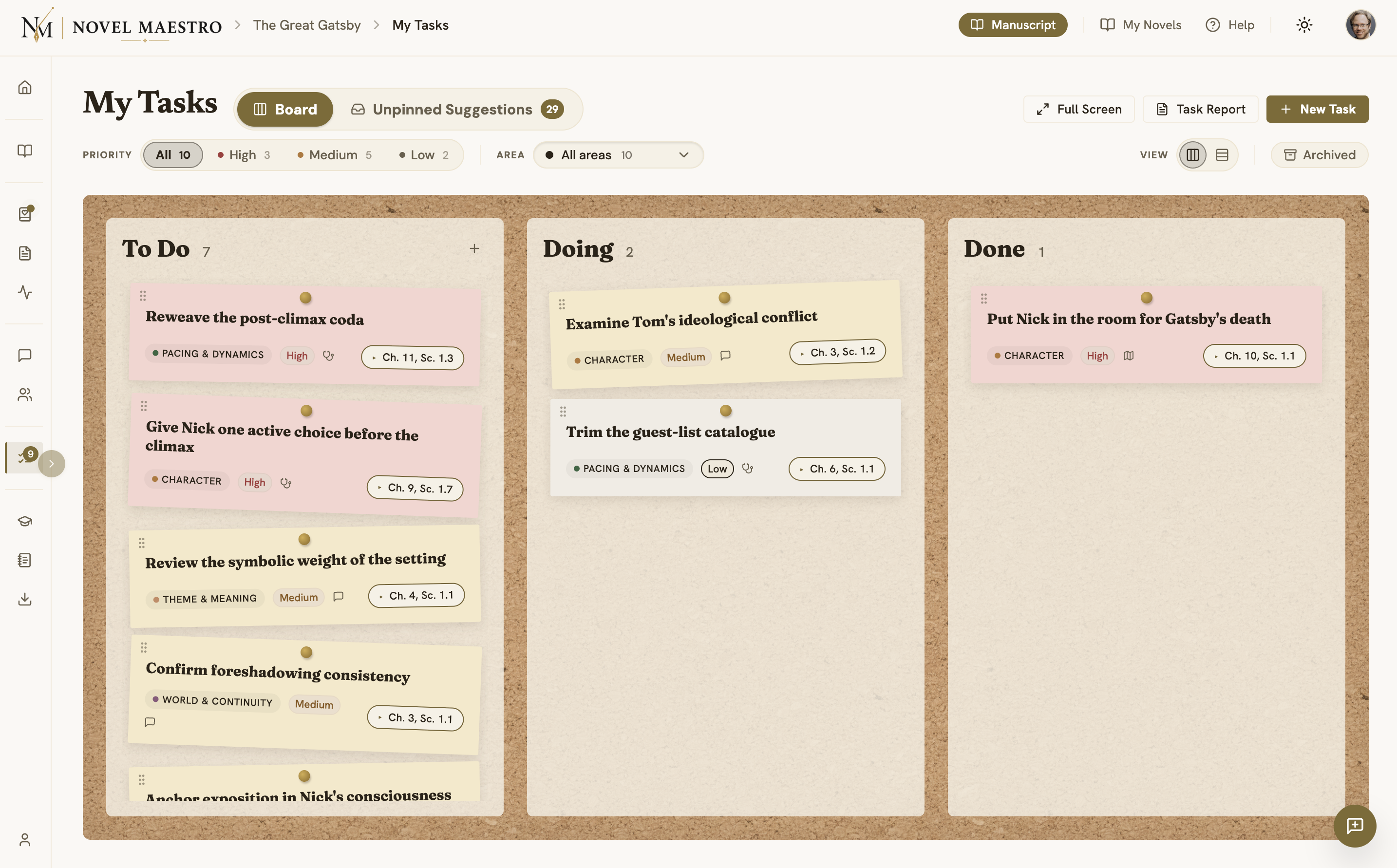 My Tasks Kanban board with To Do, Doing, and Done columns showing colour-coded task cards on a corkboard, with priority and area filters