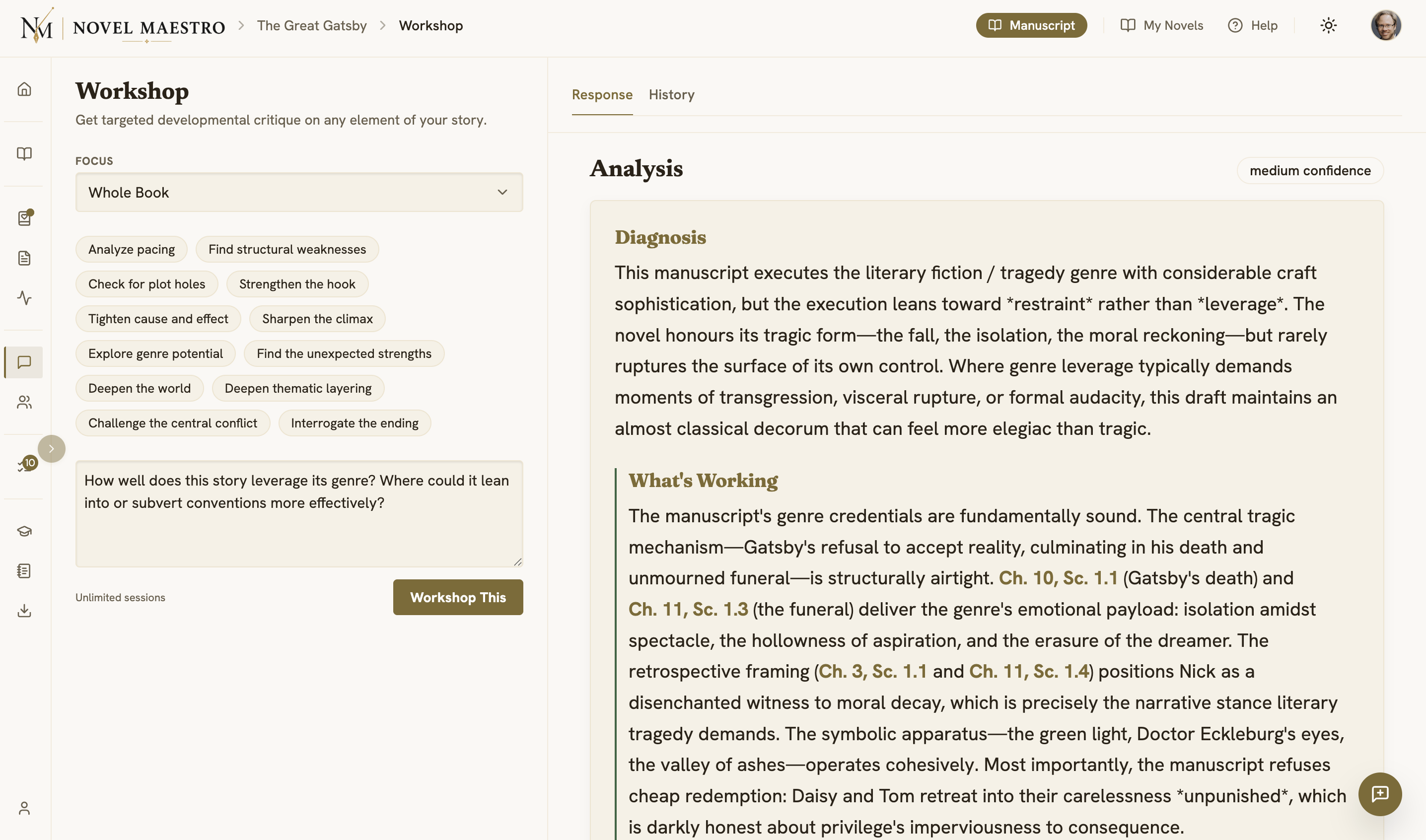 An answer from Maestro showing the focus picker, suggested questions, and a structured analysis with diagnosis, what's working, and what may be weak