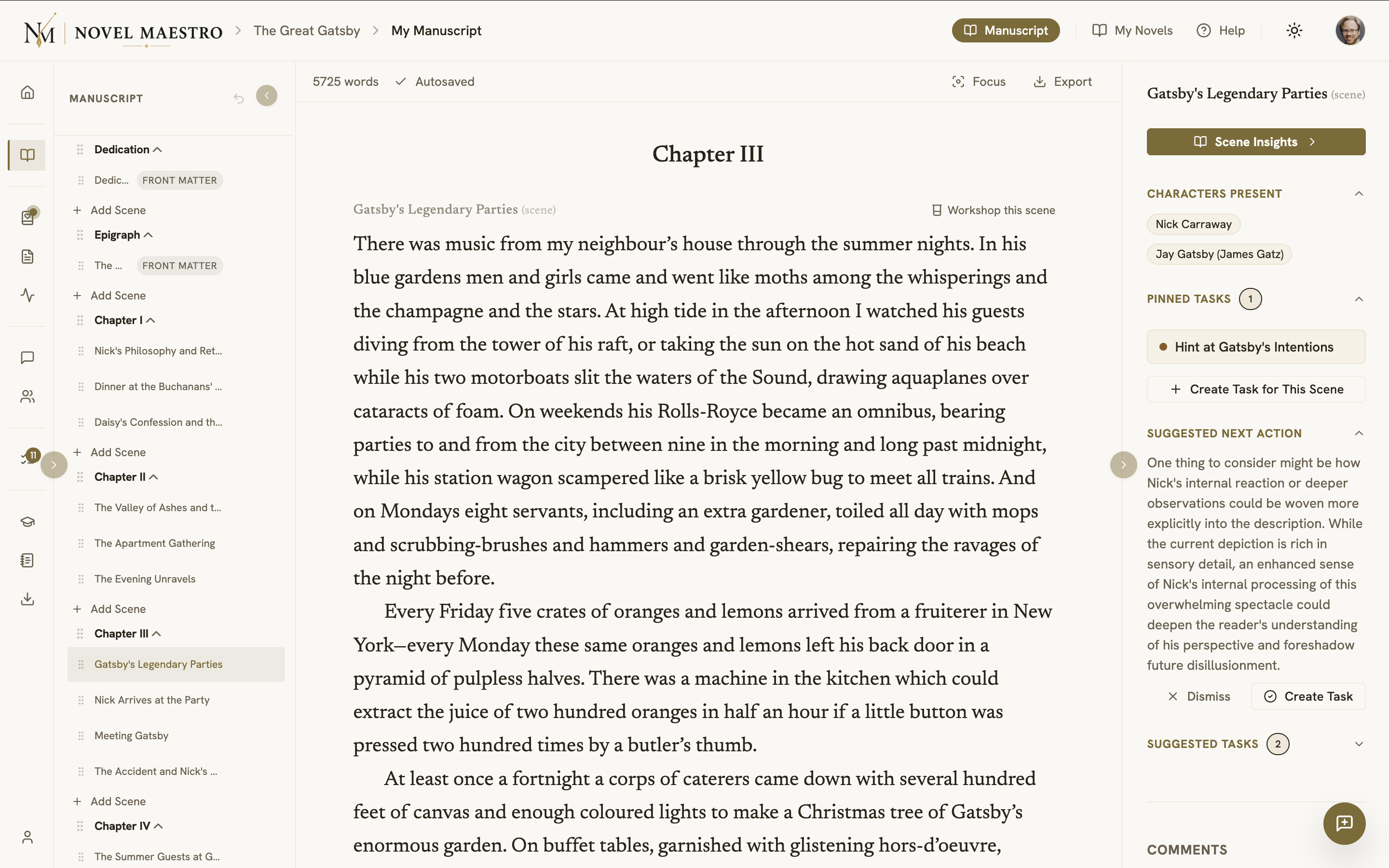 Manuscript view — chapter scroll, inline editing and scene-break controls